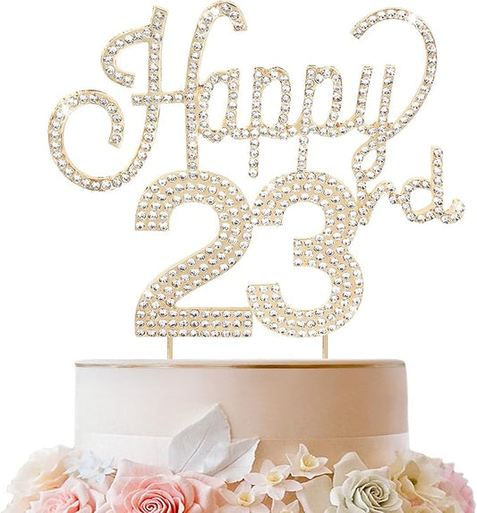 LINGTEER Happy 23rd Birthday Gold Rhinestone Cake Topper - Cheers to 23rd Birthday 23 Years Old Party Cake Centerpieces Topper Decorations Gift Sign.