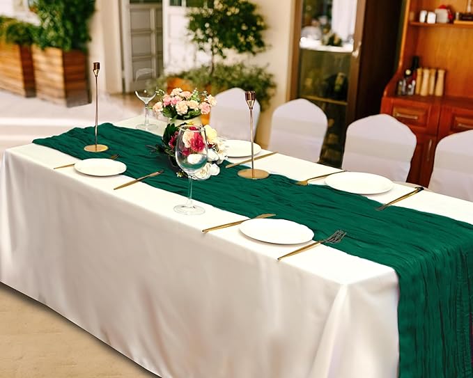 8 Pack Emerald Green Cheesecloth Table Runner 10Ft Gauze Cheese Cloth Table Runner 35 x 120Inch Boho Table Runners Romantic Table Cloth for Wedding Bridal Baby Shower Birthday Party Fall Table Decor