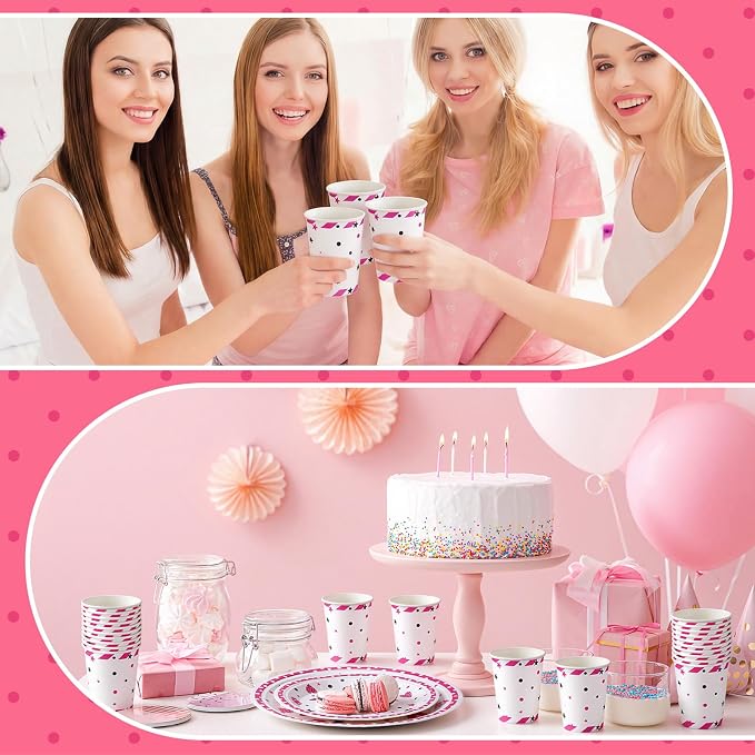 Domensi 250 Pcs Pink Cartoon Birthday Decorations Serves 50 Guests Pink Cartoon Theme Tableware Set Include Disposable Paper Plates Napkins and Cups for Baby Shower Party Supplies