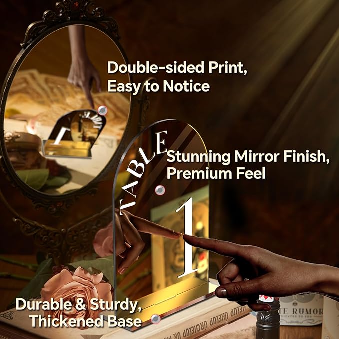 Arched Wedding Table Numbers 1-10 with Stands, 5" x 7" Double-sided Letter, Mirrored Acrylic Number Signs for Wedding Decoration Reception Party (Gold, 1-10)