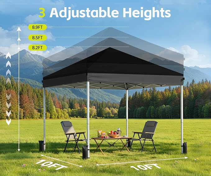 10x10 Pop Up Canopy Tent, Shade Canopy with Carry Bag, Center Lock One Push, 3 Adjustable Height, Outdoor Canopy Tents for Parties, Events & Camping - Black