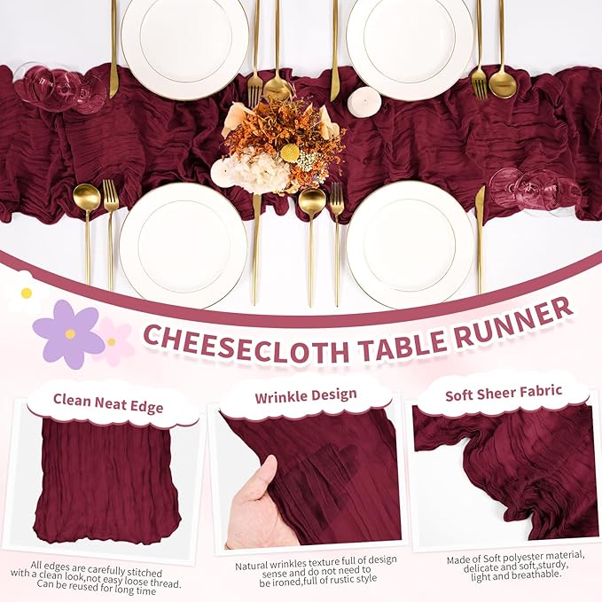6 Pack Cheesecloth Table Runner,Burgundy Table Runner Long Romantic Semi Sheer Rustic Boho Gauze Table Runners for Wedding Bridal Shower Birthday Party Decorations(17.7×108 Inch)