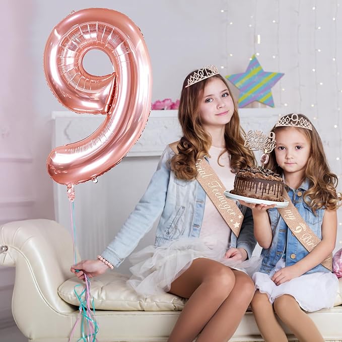 9th Birthday Decorations for Girls, Including 9th Birthday Sash and Tiara, Cake Topper and Candle, Number Balloon, 9 Year Old Girl Gifts