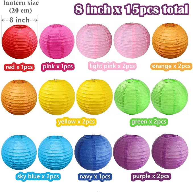 15pcs Colorful Paper Lanterns for Outdoor Indoor Party Decoration (8 inch)