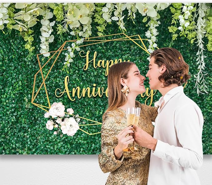 Happy Anniversary Banner Backdrop Decorations Green Leaves Wall Couple Wedding Photography Background Floral Happy Anniversary Backdrop Party Decoration Banner 5.9×3.6Ft