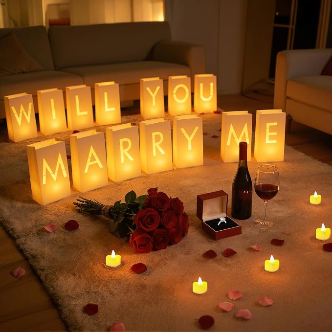 Will You Marry Me Light Up Letters Luminary Bags, Marry Me Sign Banner, Romantic Proposal Decoration Kit with 30PC Bright LED Candles and 2000PC Fake Rose Petals