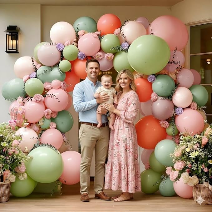 Pastel Green Pink Balloon Arch Double Stuffed Pink Dusty Green Mauve Peach Blush Balloon Garland Kit Artificial Flower Leaves for Baby Shower Wedding Birthday Floral Princess Easter Tea Party Decor