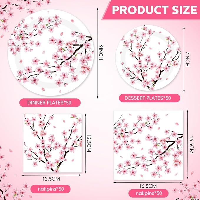 Funnymoom 200 Pcs Cherry Blossom Party Supplies Serve 50 Guests Pink Spring Floral Paper Plates and Napkins Japanese Disposable Dinner Dessert Plates for Bridal Shower Wedding Party