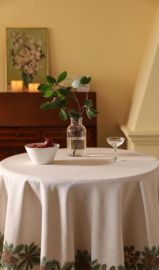 ISAENNE Designer Vintage Linen Round Tablecloth,Diameter 55"-Carol G | French Elegant Beautiful Table Cloth for Round Table,Light Beige,Decoration,Dining Room,Kitchen,Thanksgiving,Christmas