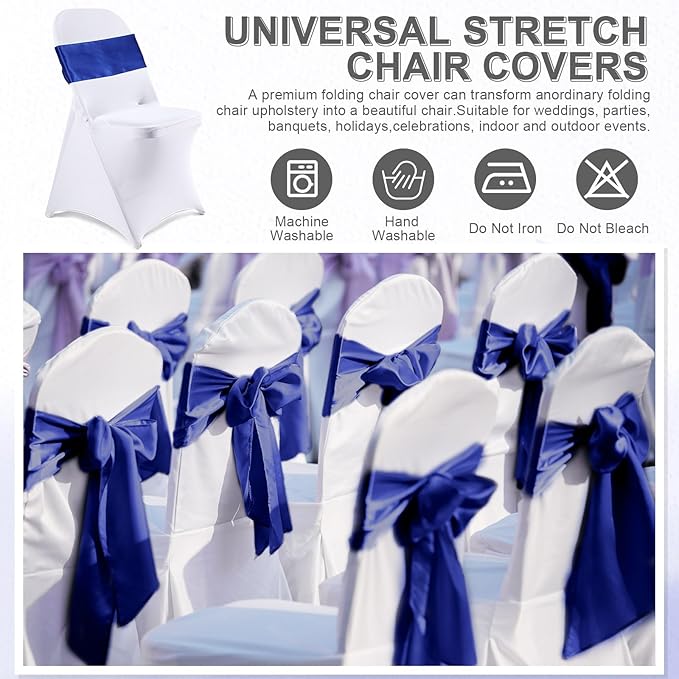Lounsweer 50 Pcs Folding Chair Cover Set with 25 Stretch Spandex Slipcovers 25 Satin Chair Sashes Bows Ribbon Washable Banquet Protector for Wedding Event Party(White, Royal Blue)