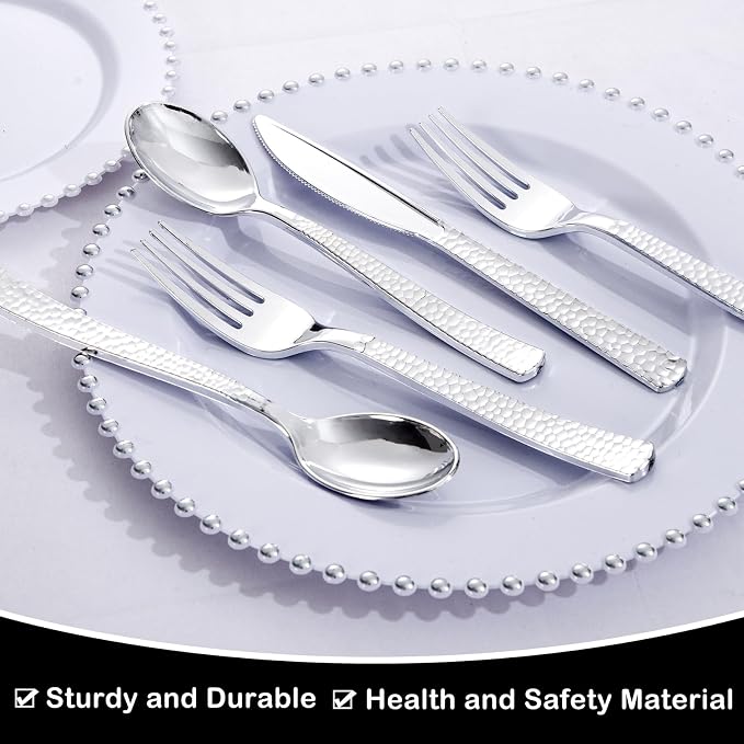 Supernal 180Pcs Silver Plastic Silverware Set, Elegant Hammered Design Heavy Duty Disposable Cutlery, Includes 60 Forks, 60 Knives, 60 Spoons,Silver Plastic Utensils for Wedding, Parties,Events