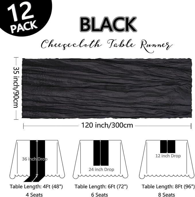 12 Pack Black Table Runner Cheesecloth 10Ft Gauze Cheese Cloth Table Runner 35x120 Inch Boho Sheer Rustic Fabric for Party Decor Baby Shower Wedding Holiday Home Decorations