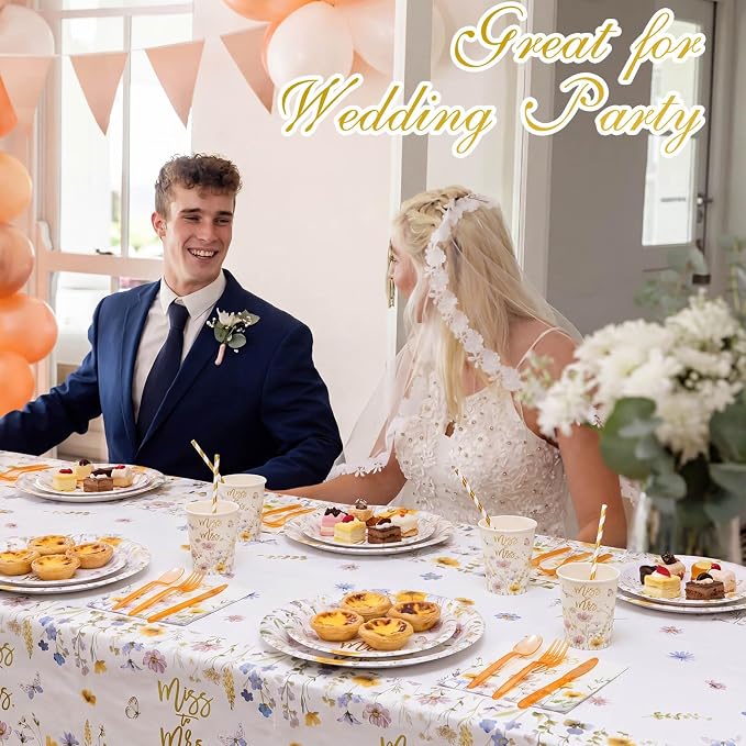 LemonRoad 452 Pcs Miss to Mrs Floral Bridal Shower Decorations for 50, Wildflower Bridal Shower Paper Plates Napkins Cups Tablecloth Cutlery Straws for Wedding Bachelorette Engagement Party Supplies