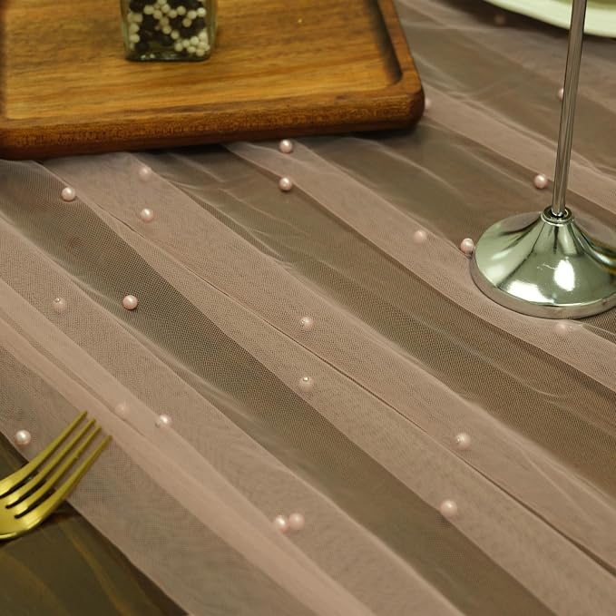 Set of 1 Pearl Table Runner 10ft, 29 * 120 Inch Dusty Pink Table Cloth Pearl Sheer Tulle Table Cover,Pearl Table Runner for Wedding Party Baby Shower Birthday Home Decor