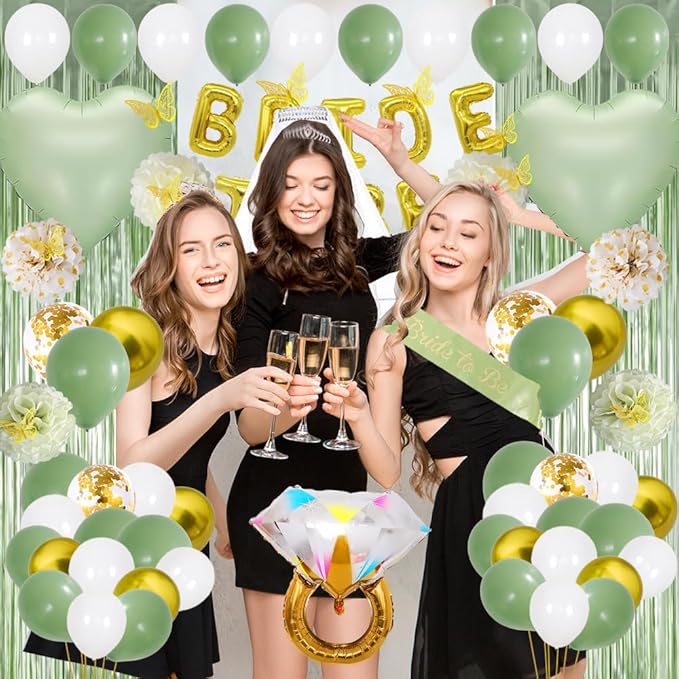Bridal Shower Decorations,Bachelorette Party Decorations,Bride to Be Bridal Shower with Balloons,Bridal Veil Sash Fringe Curtain for Bachelorette Party favors (Green)