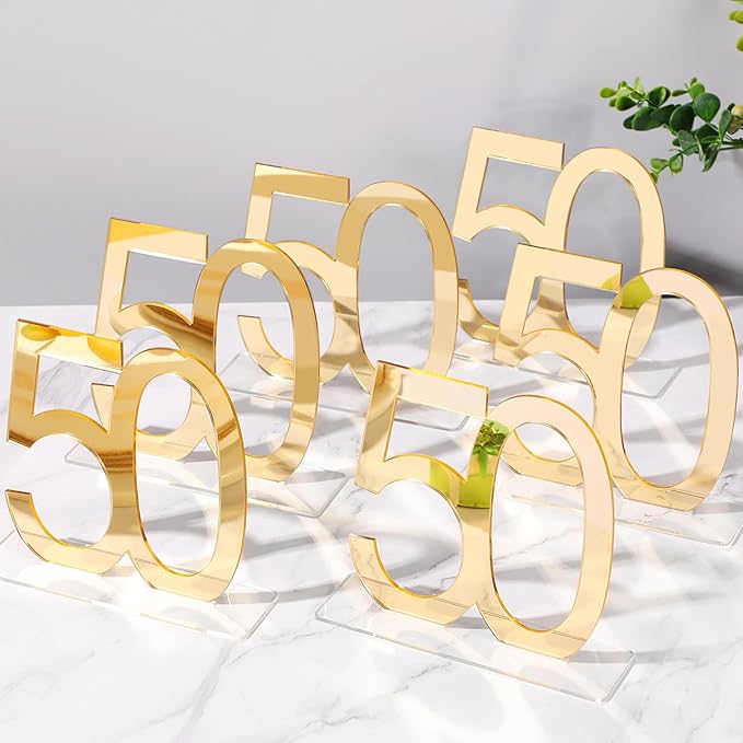 Threehoney 12 Pcs Mirror Gold 50th Birthday Decorations for Men and Women Acrylic Anniversary Decorations Table Numbers Centerpieces for Birthday Party