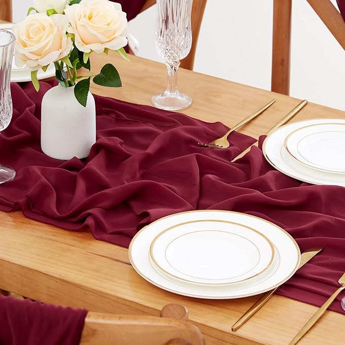 Burgundy Chiffon Table Runners 10 Pieces 14x120 Inches Sheer Table Runner for Weddings Baby Shower Birthday Party Table Top Decoration