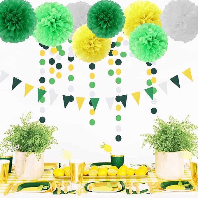 Yellow Green White Party Decorations - 30pcs Tissue Pom Poms Streamers,Spring Summer Wedding Engagement Tassel Garland Banner,Graduation Birthday Baby Bridal Shower Decor Ouruola