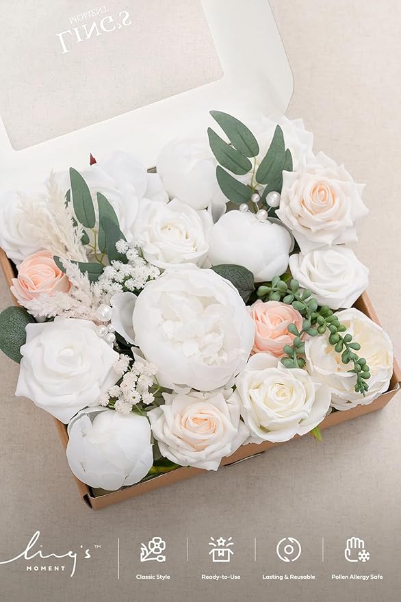 Ling's moment Fake Flowers Box, Faux Artificial Greenery Stems Foam Roses Silk Peonies Willow Fabic Flower for Centerpieces Bouquet Wedding Vase Floral Decorations, White & Blush, Grand Combo