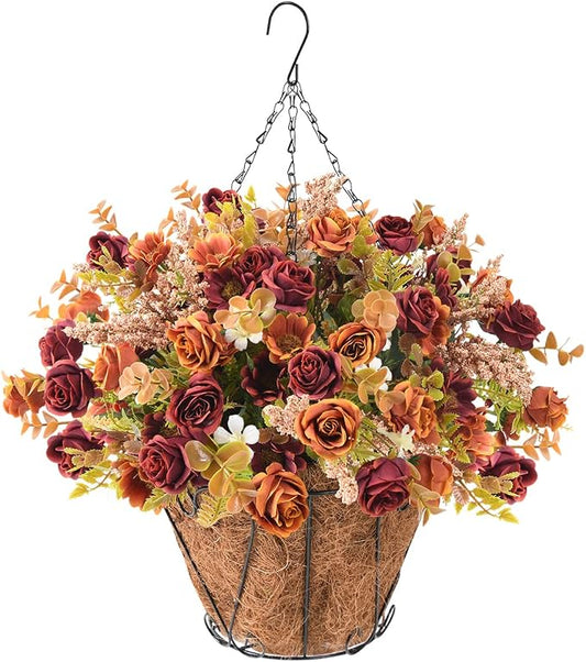 Homsunny Artificial Fall Hanging Flowers for Outdoor Decoration,Fake Silk Rose Flower Arrangement,Faux Plant with Flower Baskets Pot for Home Patio Lawn Garden Porch Decor(Bucket Basket)