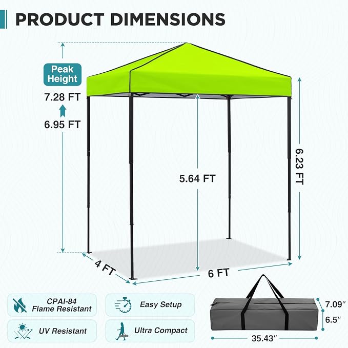 EAGLE PEAK 6x4 Instant Pop Up Canopy Tent, Straight Leg Sun Shelter, Portable Canopy with Carry Bag for Camping, Beach & Sports, Neon Green