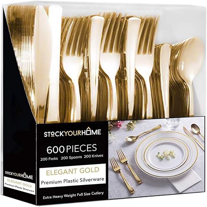 Gold Plastic Silverware Set (600-Pack) – Disposable Heavy Duty Cutlery, 200 Forks, 200 Knives, 200 Spoons for Parties, Weddings, Dinners & Holidays, Stock Your Home