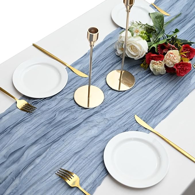 15 Pack Cheesecloth Table Runner 10Ft Cheese Cloth Table Runner 35 x120Inch Romantic Boho Table Runners for Wedding Banquet Birthday Party Engagement Baby Bridal Shower Engagement Decor(Dusty Blue)