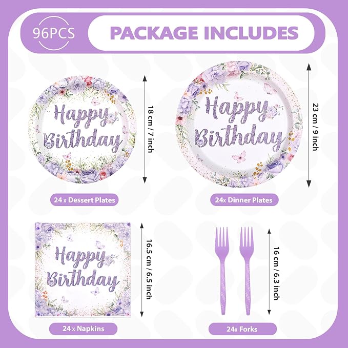 96Pcs Purple Floral Birthday Party Decorations Spring Purple Flowers Birthday Plates and Napkins Sets Flower Butterfly Decorations for Women Girls Lady Rose Shower Party Supplies Serves 24