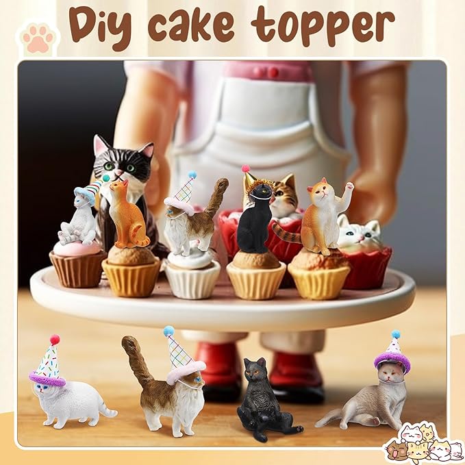 Colingmill 18 Pcs Cat Birthday Party Decorations Mini Birthday Hat Animal Figure Model Cake Toppers with Mini Hat for Birthday Party, Animals Themed Party