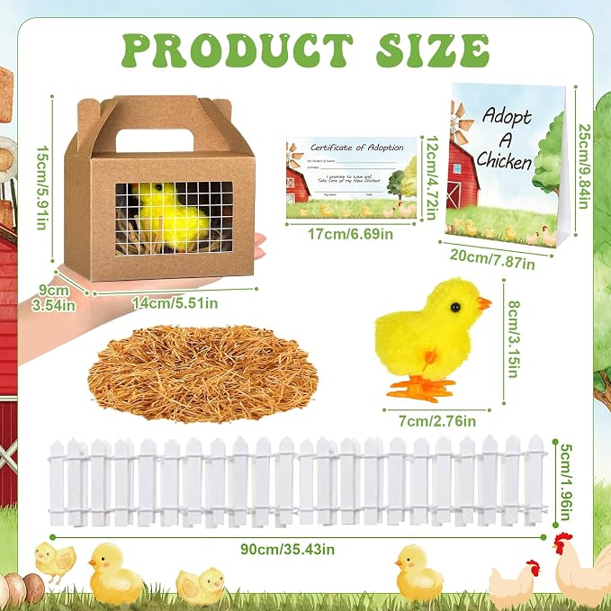 38 Pcs Adopt a Chick Party Favors Farm Animal Party Favor 12 Mini Wind up Jumping Chicken 12 Foldable Boxes 12 Cards 1 Adopt Sign 1 Fence for Adopt a Farm Animal Birthday Party Favor (Chick)
