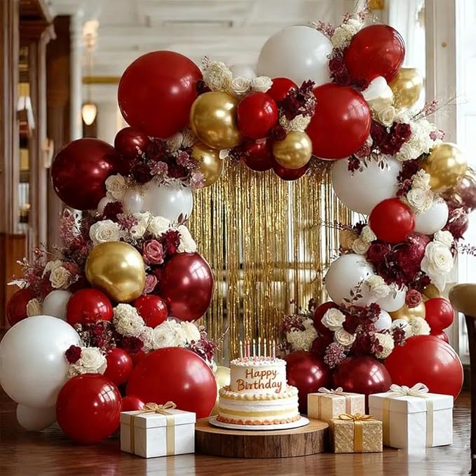 Red White Gold Balloon Arch Double Stuffed Burgundy Red Gold Pearl White Balloon Garland Kit Wine Latex Balloons for Mother's Day Birthday Wedding Engagement Graudation Party Decorations