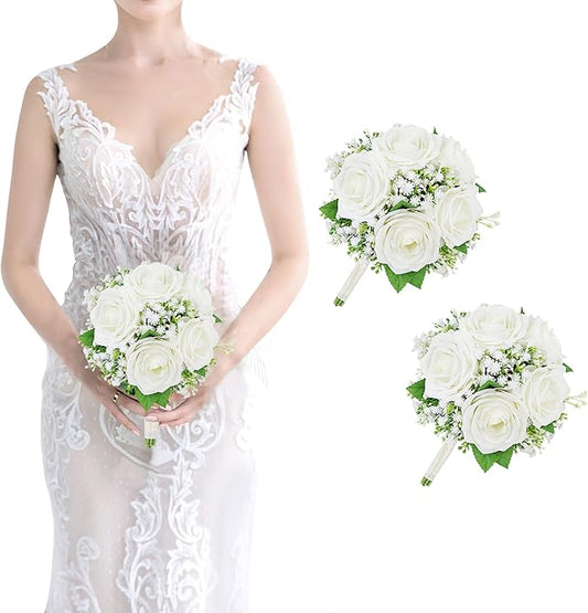 Set of 2 Bridesmaid Bouquets for Wedding - 7 Inch Ivory White Fake Flower Bouquet for Bridesmaid, Silk Rose Artificial Babys Breath Small Bouquet Handmade for Bridal Shower Ceremony Anniversary