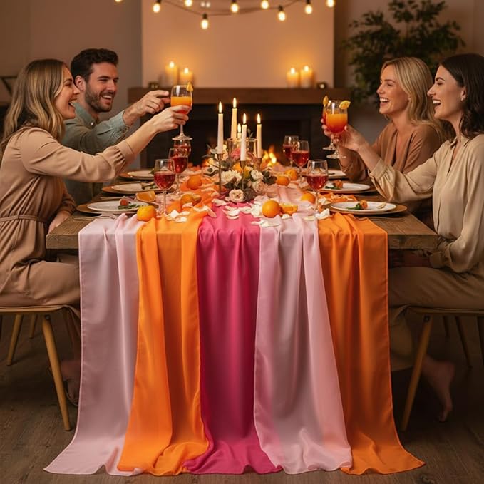 Boao 12 Pcs Red Pink Orange Party Decorations Table Runner Cloth 10Ft Boho Sheer Rustic Fabric Sunset Soiree Party Decorations for Wedding Birthday Baby Bridal Shower Graduation Dawn Sunset Decor