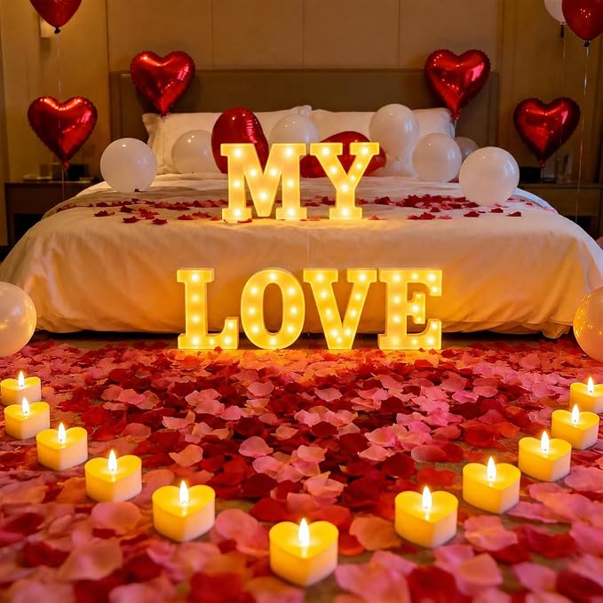 MY LOVE Light up Letters, Include Tea Lights Candles, Latex Balloons, Aluminum Balloons and Rose Petals, Special Festival, Surprise Gifts for Women and Men