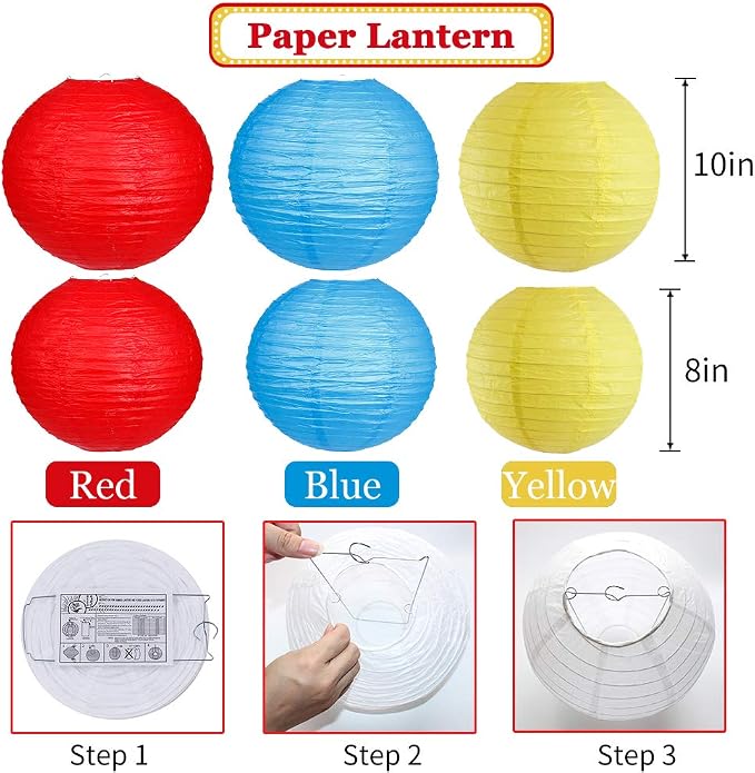 Carnival Circus Party Decorations, Red Yellow Blue Paper Lanterns and Pom Poms Flowers for Birthday Baby Showers Carnival Theme Rainbow Party Decor 15 Pieces
