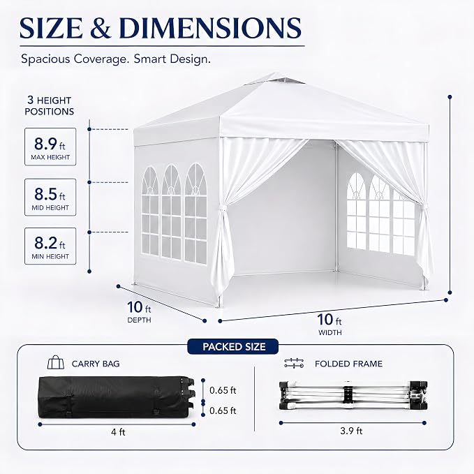 10x10 Pop Up Canopy with Sidewalls- Portable Sun Shade Beach Tent, Gazebo Heavy Duty with Cover Wheeled Bag, Ideal for Parties, Backyard, Camping (White)