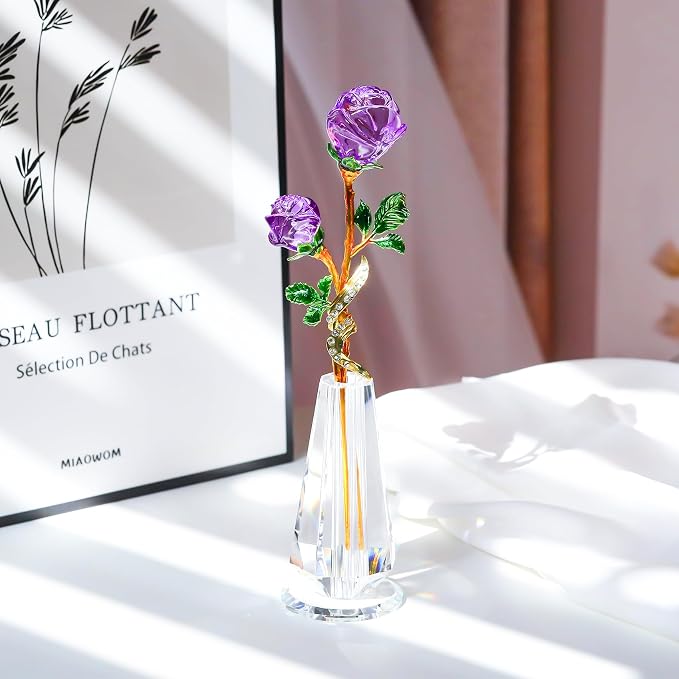 Arikyrist Purple Rose Flower Crystal Figurine with Vase, Handmade Bouquet Glass Flowers Ornament Rose Gifts for Wife Women, Crystal Flower Home Table Decor for Valentine Mother's Day Wedding
