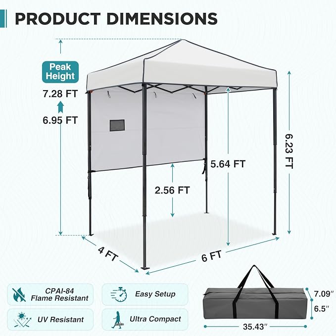 EAGLE PEAK 6x4 Instant Pop Up Canopy Tent with 1 Half Wall Panel, Straight Leg Sun Shelter, Portable Canopy with Carry Bag for Camping, Beach & Sports, White