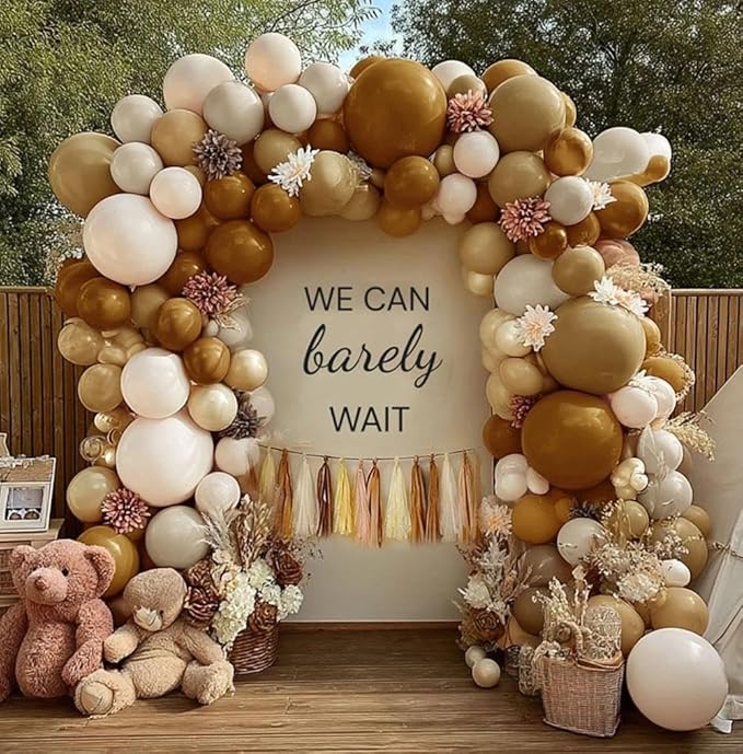 Neutral Balloon Arch Garland Kit - Double Stuffed Nude Beige Brown Cream Gold Balloons with Artificial Flowers Tissue Tassels for Birthday Bear Baby Shower Bridal Party Decoration