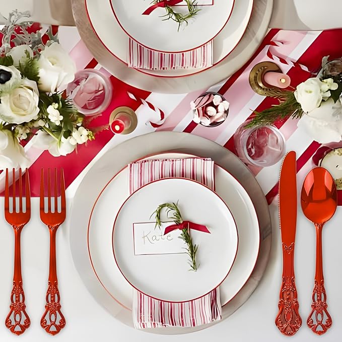 150PCS Red Plastic Silverware - Elegant Disposable Utensils - Heavy Duty Vintage Red Cutlery Sets Includes 50Forks, 50Spoons, 50Knives for Catering Dinner Party Wedding