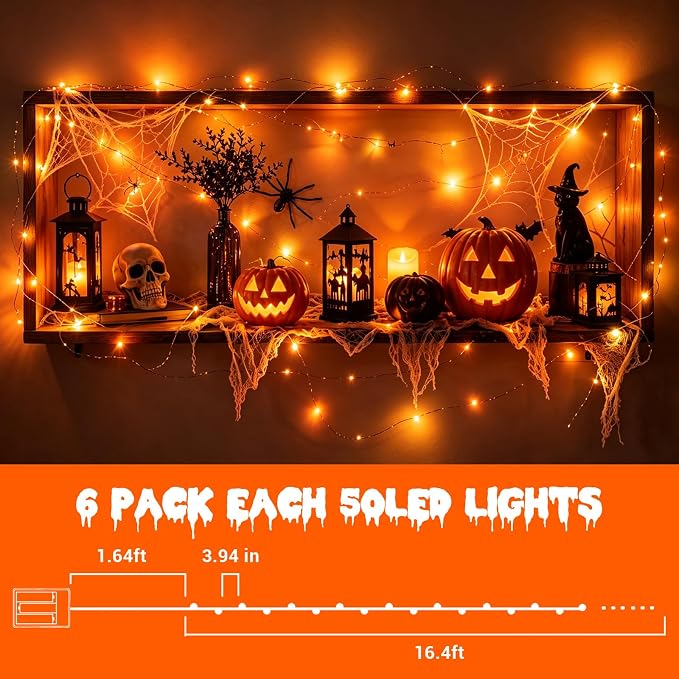 YEGUO Fairy Lights Battery Operated, 6 Packs Each 16ft 50 LED String Lights, 2 Modes Silver Wire Christmas Twinkle Light Indoor for Halloween Bedroom Wedding Party Holiday Gift(Orange)