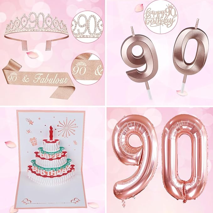90th Birthday Decorations for Women, Include 90th Birthday Sash and Tiara, Cake Topper and Candles, Number Balloons, 3D Pop Up Greeting Card, 90 Year Old Gifts Women
