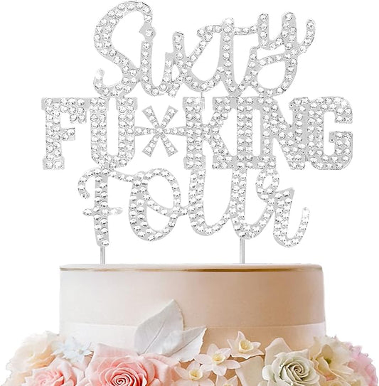 LINGTEER Sixty-Four Funny Silver Rhinestone Cake Topper - Cheers to 64 Years Old,Happy 64th Birthday Party Cake Centerpieces Topper Decorations.