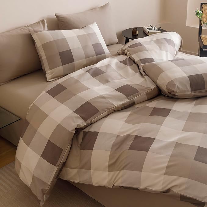 KAREVER Gingham Checkered Comforter King Khaki Plaid Bedding Set Boys Girls Colorful Grid Cottagecore Blanket King