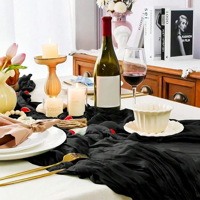 8 Pack Black Cheesecloth Table Runner 21x120 Inch Gauze Table Runners Reusable Polyester 10ft Boho Rustic Cheese Cloth Table Runner for Wedding Party Baby Shower Birthday