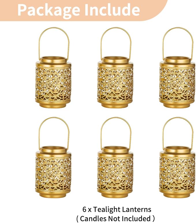 NUPTIO Gold Candle Lanterns Decorative: 6 Pcs Hanging Metal Tealight Candles Holder 4.1inch Brass Mini Tea Light Lantern Centerpiece for Weddings Bridal Shower Anniversary Table Decor (Style 3)