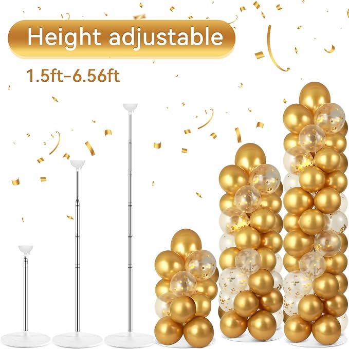 2 Sets Metallic Gold Balloon Column Stand Kit with 100 Balloons Adjustable Balloon Tower Stand with Bases for Floor Gold Confetti Balloons Column Kit for Shower Birthday Wedding Back to School Party