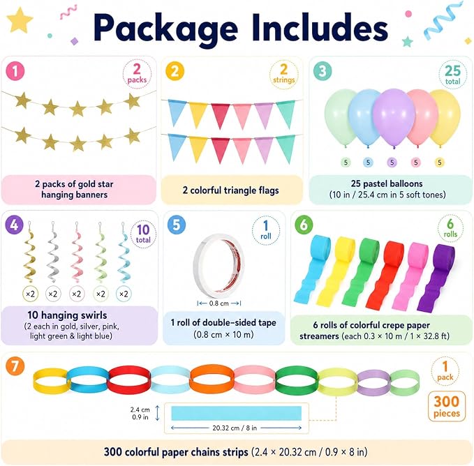 345pcs Colorful Birthday Decoration Fancy Paper Chains Crepe Paper Streamers Pennant Banner Flags Gold Star Garlands Hanging Swirls Pastel Balloons for Wedding Graduation Birthday Baby Shower Decors
