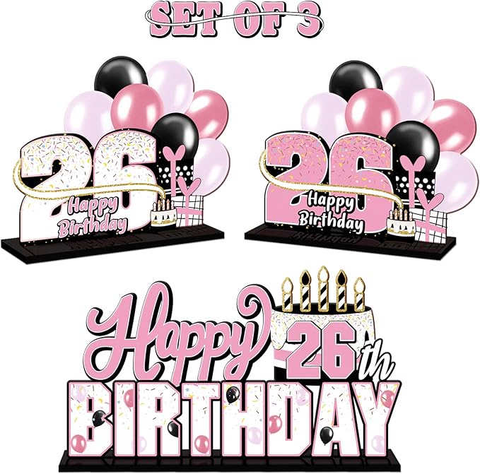 LINGTEER Happy 26th Birthday Pink Acrylic Table Topper Centerpieces Set - Cheers to 26 Years Old Birthday 26th Bday Party Gift Decorations.