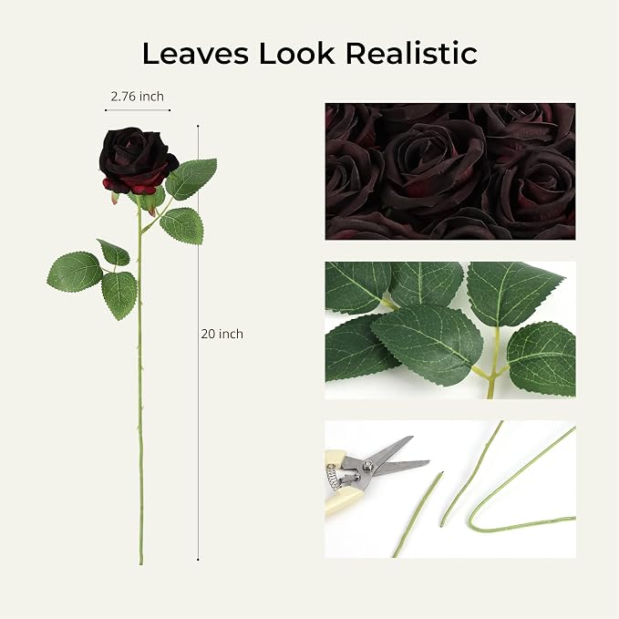 Auihiay 60PCS Artificial Roses, Black Magic Roses, Velvet Silk Roses, Realistic Artificial Flowers for Gothic Wedding Centerpieces, Anniversary, Valentine's Day & Halloween Home Decor